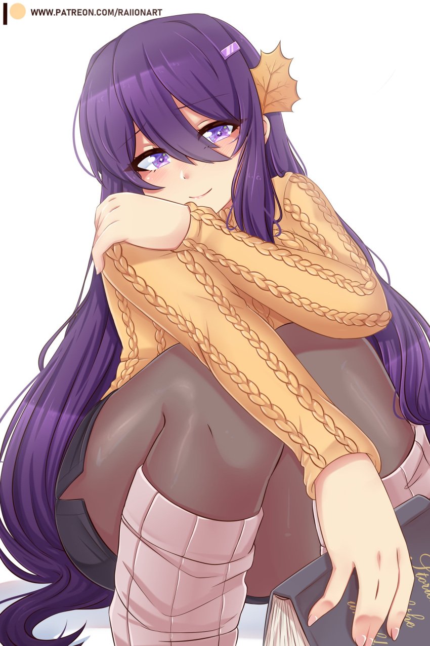 Rule 34 - Artist Name Blush Book Clothing Crouching Cute Doki Doki  Literature Club Leaf Long Hair Long Sleeves Long Socks Miniskirt Purple  Eyes Purple Hair Raionart Simple Background Skirt Socks Stockings