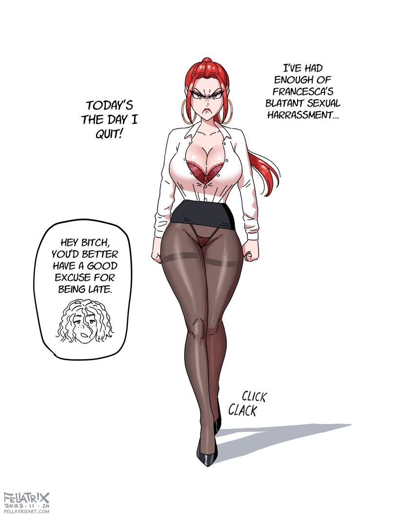 Rule 34 – angry angry expression angry eyes angry face assistant big breasts boss boss and employee boss and subordinate bully bullying fellatrix francesca (fellatrix) freckles freckles on face harassment hoop earrings hoop earrings oversized leggings office lady red lipstick sexual harassment vanessa (fellatrix) workplace workplace harassment | 9022082