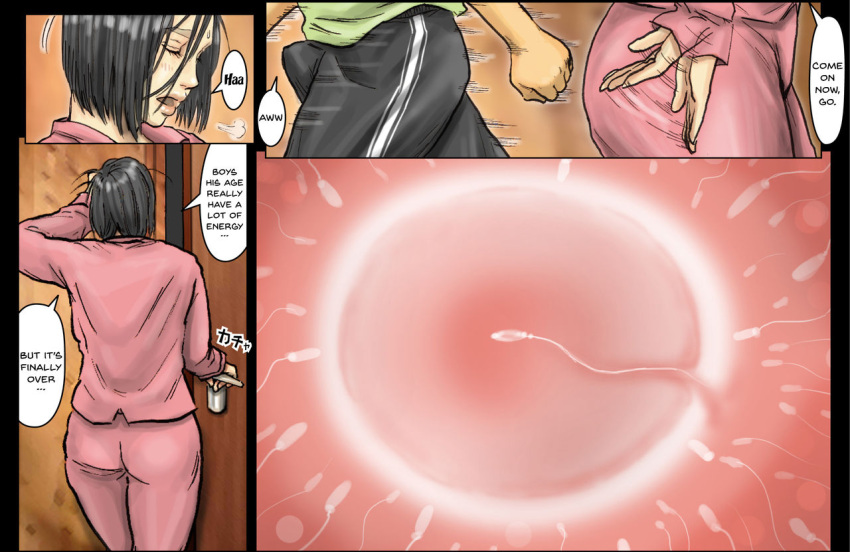 Rule 34 – 1boy 1girls aunt and nephew black pants clothed erection under clothes fertilization green shirt grey hair impregnation incest kuroneko smith manga page obaa-san no karada ga kimochi yosugiru kara pink pants pink shirt sperm cell unaware unaware incest unwanted impregnation | 9056309