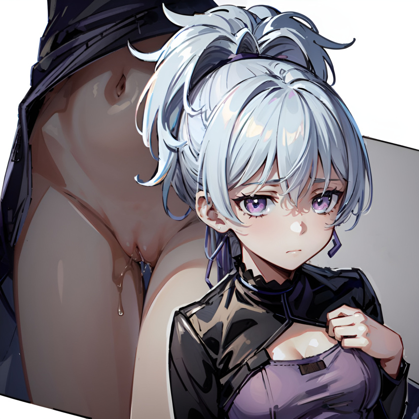 Rule 34 – 1girls ai generated darker than black emotionless hi res hip bones kuudere navel ponytail pussy pussy juice pussy juice drip silver hair small breasts stable diffusion stomach violet eyes yin (darker than black) | 9027282