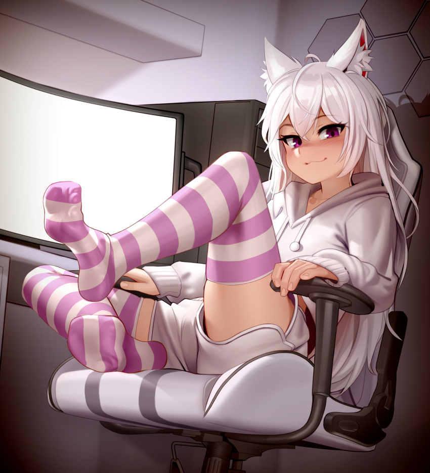 Anime Stocking Foot Fetish - Rule 34 - 1girls Chair Clothing Feet Feet Up Foot Fetish High Socks High  Thighs Kairuhentai Kairunoburogu Purple Eyes Sole Female Soles Solo Female  Staring At Viewer Striped Socks Thighs White Hair | 8999751