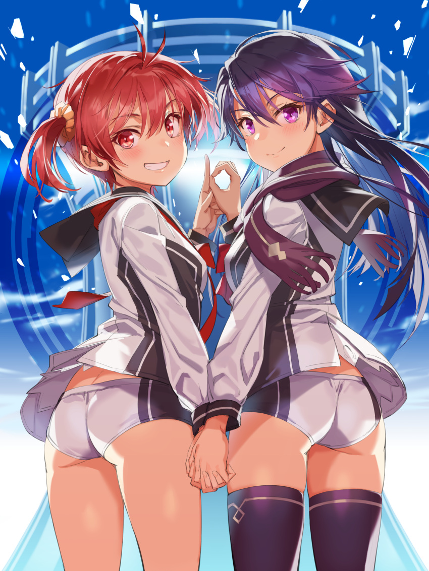 Rule 34 – 2girls ahoge ass black hair black sailor collar grin holding hands isshiki akane kuroki rei long hair michairu multiple girls national shin ooshima school uniform purple eyes purple scarf red eyes red hair sailor collar sailor shirt scarf school uniform scrunchie serafuku shirt short hair short shorts shorts smile twintails two-tone shirt vividred operation white shorts | 8983853
