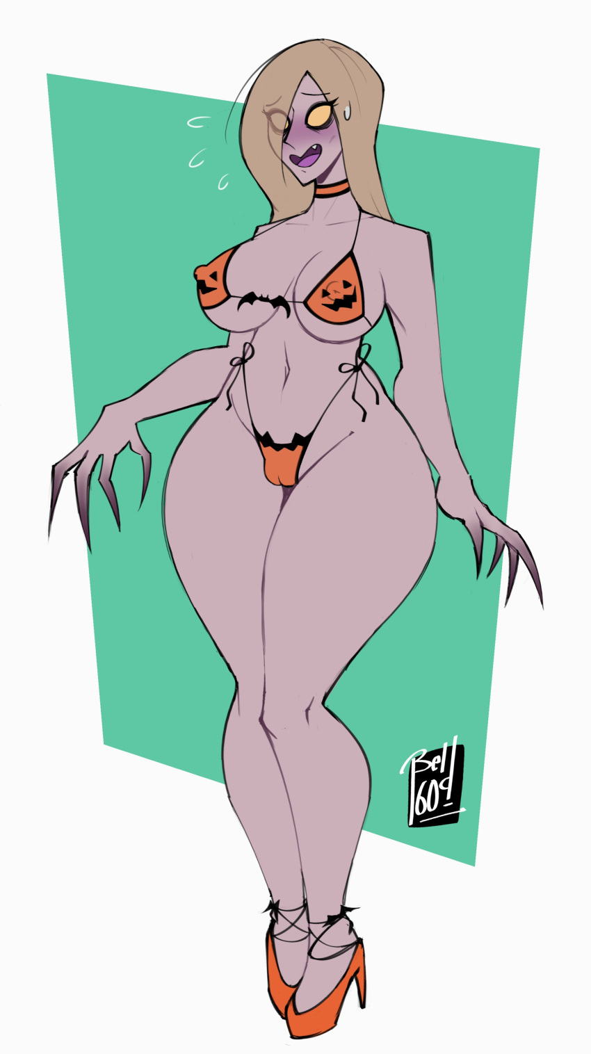 Rule 34 – bell1609 bikini cameltoe claws gray skin grey skin halloween high heels large breasts left 4 dead nervous nervous smile nipples visible through clothing perky nipples pumpkin bikini the witch valve white hair wide hips witch (left 4 dead) yellow eyes zombie zombie girl | 8918413