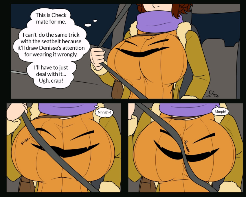 Rule 34 – big breasts breasts focus dark red hair eva (ydbunny) halloween halloween pumpkin inside car orange sweater purple scarf seatbelt ydbunny | 8925967