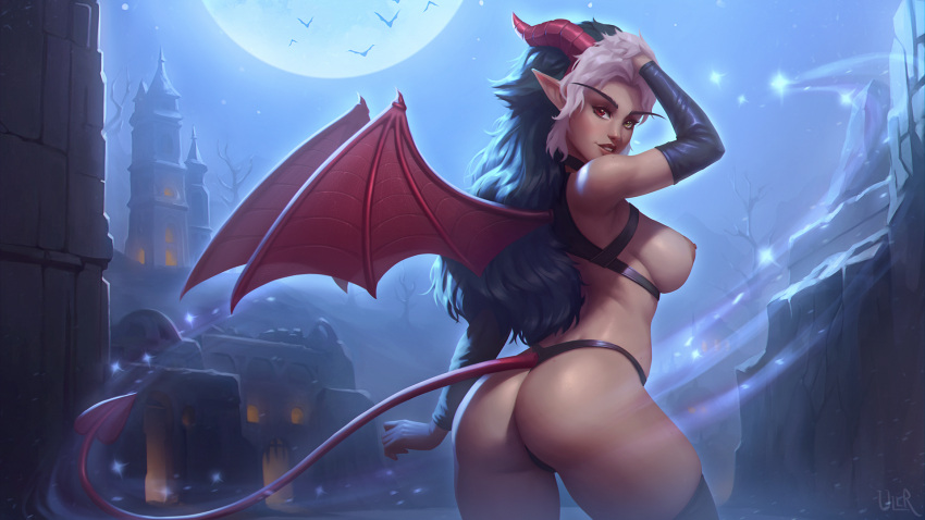 Rule 34 – 1girls arm up ass black hair breastless clothes breasts castle cosplay detached sleeves elf fake horns fake tail fake wings female hand in hair heterochromia horns looking at viewer looking back moon night nipples outdoors panties pointy ears red eyes sideboob smile solo tail thighhighs two tone hair ullr white hair wings yellow eyes zoelie (sasha khmel) | 9001137