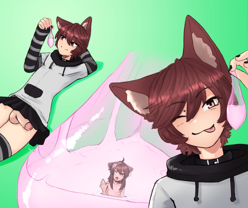 Rule 34 – 2boys balls cat ears catboy clothing condom cum cum in condom femboy gaycatte giant femboy giant male green background light-skinned male light skin macro male male focus male only micro penis size difference testicles trap trapped in condom | 9024150