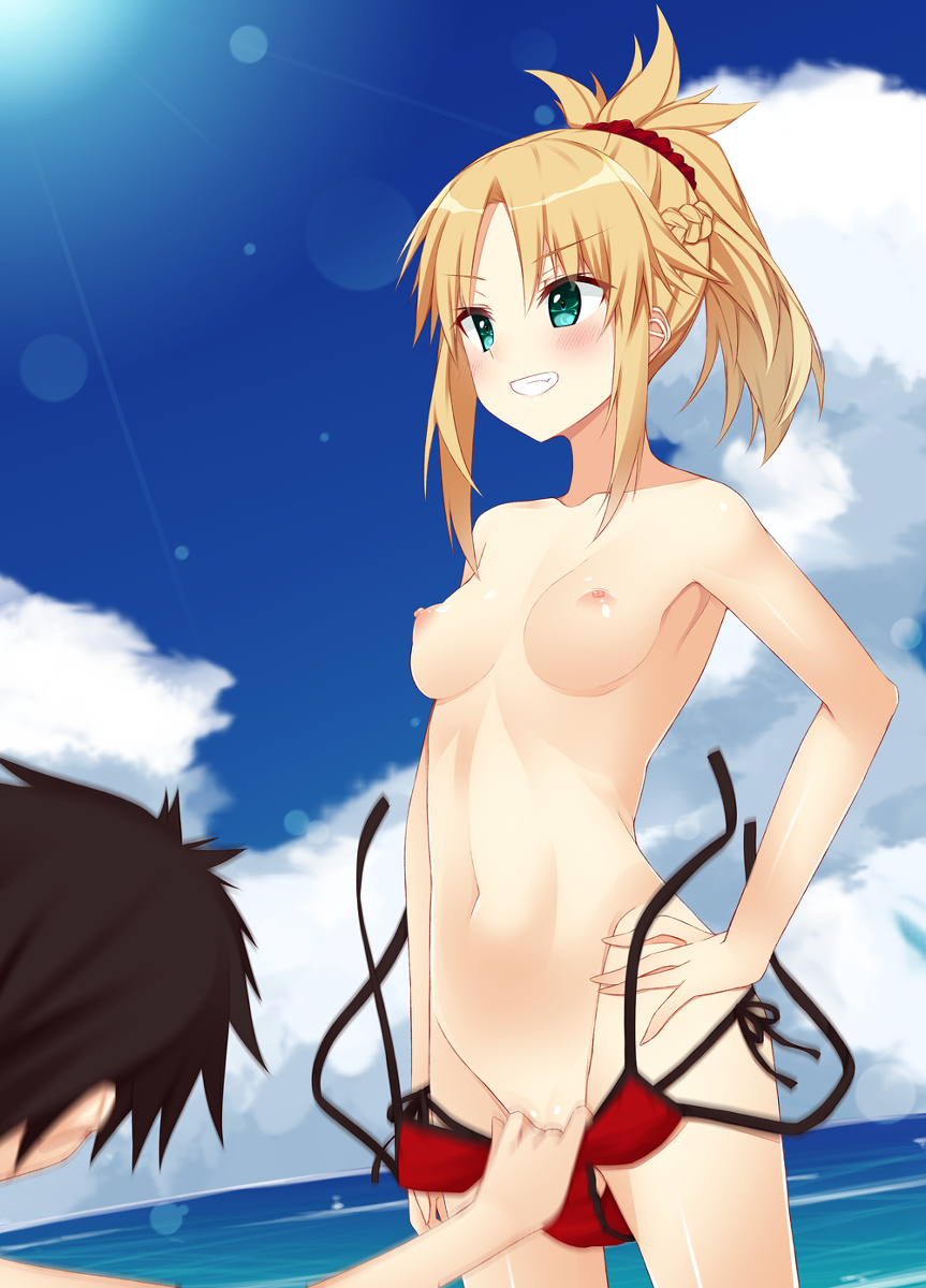 Rule 34 – 1boy aqua eyes assisted exposure bikini bikini pull black hair blonde hair blue sky blush breasts clothes pull clothes theft cloud collarbone commentary request cowboy shot day fate/grand order fate (series) female fuji yoshida fujimaru ritsuka (male) grin groin hair between eyes hair ornament hair scrunchie hand on own hip high ponytail highres lens flare long hair medium breasts mordred (fate) mordred (swimsuit rider) (fate) mordred (swimsuit rider) (first ascension) (fate) navel nipples ocean outdoors pulled by another red bikini red scrunchie scrunchie side-tie bikini bottom sidelocks sky smile solo focus standing straight sunlight swimsuit swimsuit theft theft unworn bikini bottom unworn bikini top | 9189074