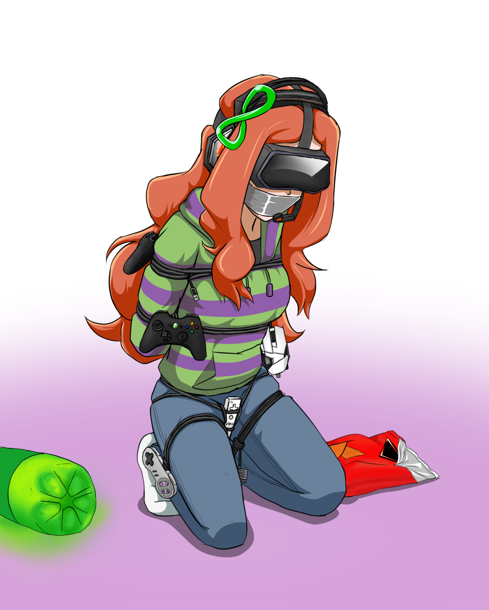 Rule 34 – 1girls arms behind back bondage bound clothed clothing controller controller masturbation cords d-mizton duct tape female female only gag gagged gaming headphones human jacket kneeling long hair nintendo orange hair pants playstation restrained sensory deprivation solo tape tape gag taped mouth tied up vivian james vr headset wiimote xbox | 2579264