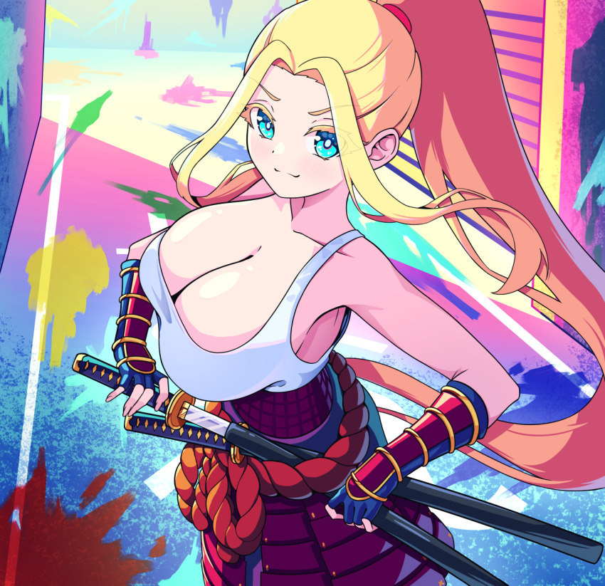 Rule 34 – 1girl armor bare shoulders beatrix amerhauser blonde hair blood blood splatter blue eyes breasts cleavage female fingerless gloves from above gloves high ponytail highres japanese armor katana kote kusazuri large breasts looking at viewer multiple swords pankeiki red rope rope sheath sidelocks solo sword tank top unsheathing weapon white tank top zom 100 zombie ni naru made ni shitai 100 no koto | 9109907