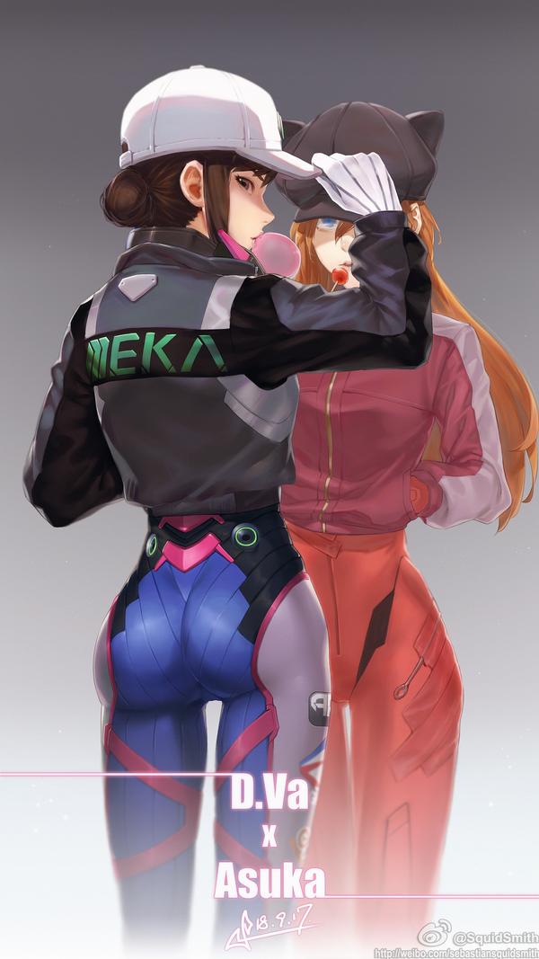 Rule 34 – 2girls animal ears animal hat ass ass visible through thighs asuka langley sohryu bangs baseball cap black eyes black hair black headwear blowing bubblegum blue bodysuit bodysuit bubble butt chewing gum cropped jacket d.va dated ear evangelion: 3.0 you can (not) redo gradient background hand in pocket hat hat tip headphones lips lollipop long hair long sleeves looking at viewer looking back neon genesis evangelion overwatch overwatch 2 pilot suit rebuild of evangelion red bodysuit red hair souryuu asuka langley squidsmith (artist) thigh gap touching head watermark weibo logo weibo username white background zipper | 9246984