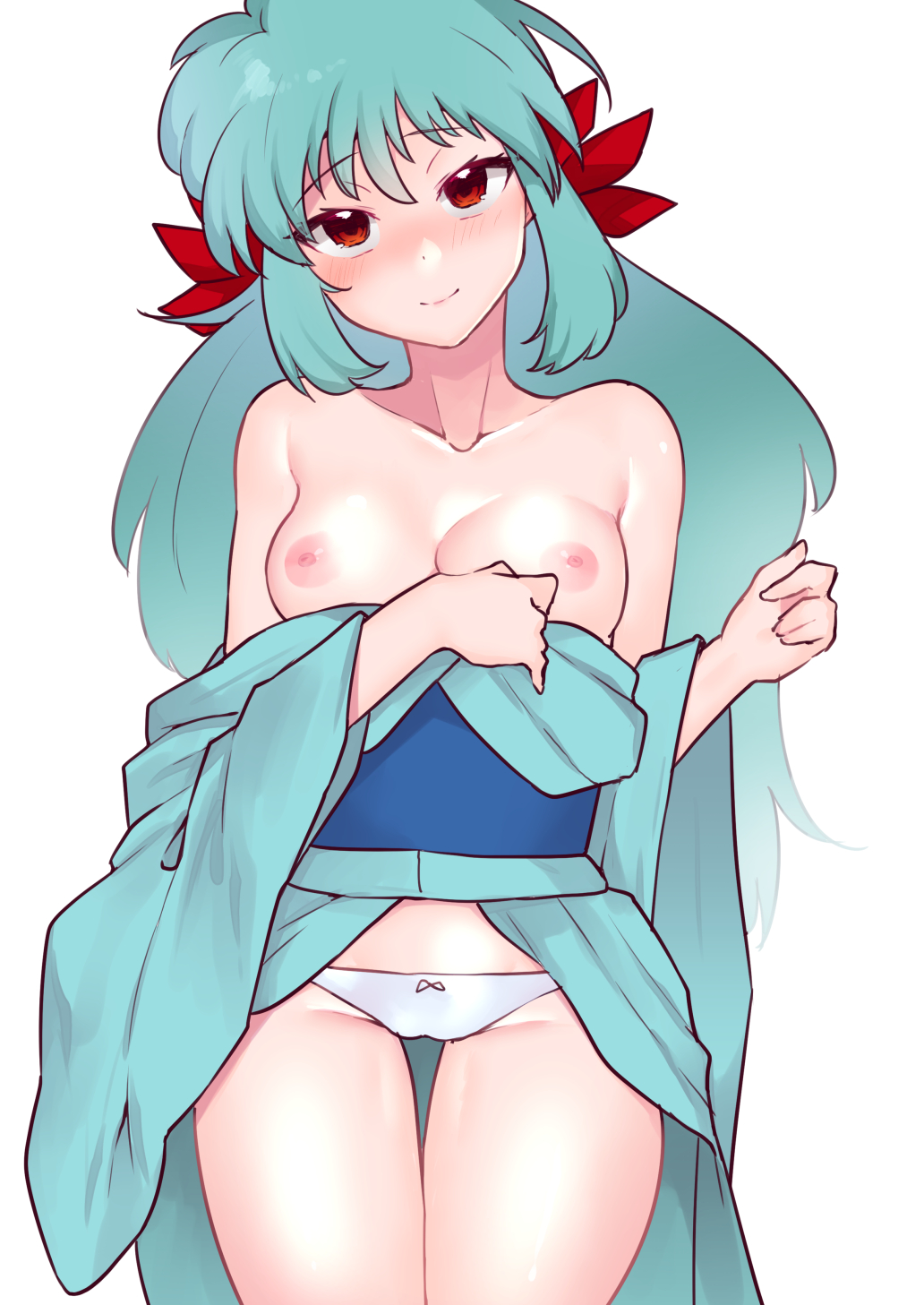 Rule 34 – 1girls blush demememememene female green hair japanese clothes kimono looking at viewer panties red eyes small breasts smile solo undressing very long hair white background white panties yu yu hakusho yukina (yyh) | 9248233