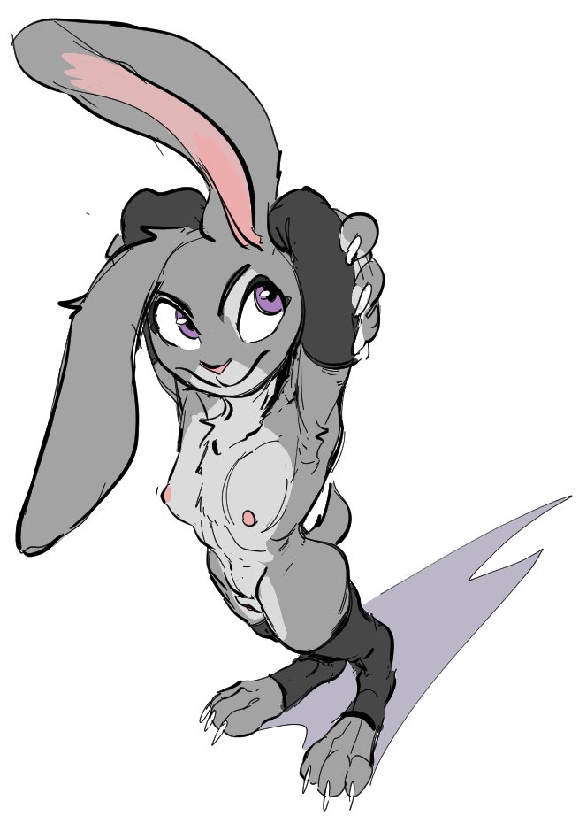 Rule 34 – anthro armwear breasts clothing detached sleeves disney female genitals hands behind head high-angle view judy hopps lagomorph legwear leporid mammal mostly nude nipples purple eyes pussy rabbit shadow simple background small breasts solo stretching thigh highs toeless thigh highs yamabat zootopia | 9243794