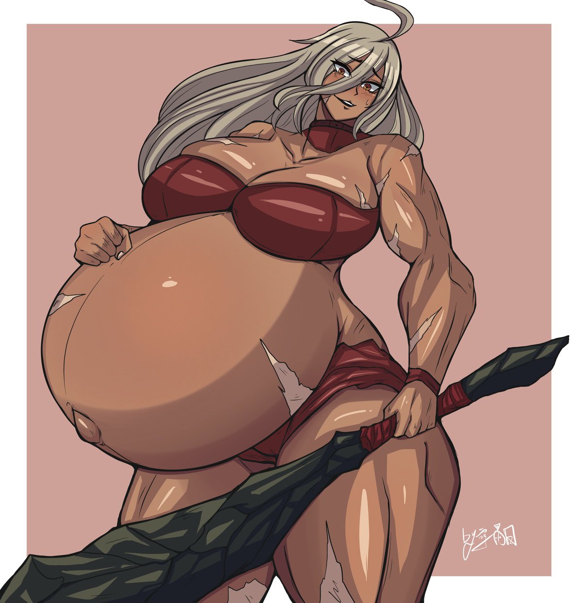 Rule 34 – 1girls belly big belly big breasts breasts cleavage club dark-skinned female dark skin female grey hair huge belly huge breasts muscular muscular female outie navel pregnant scar scars solo tomboy weapon yukinohi | 9150216