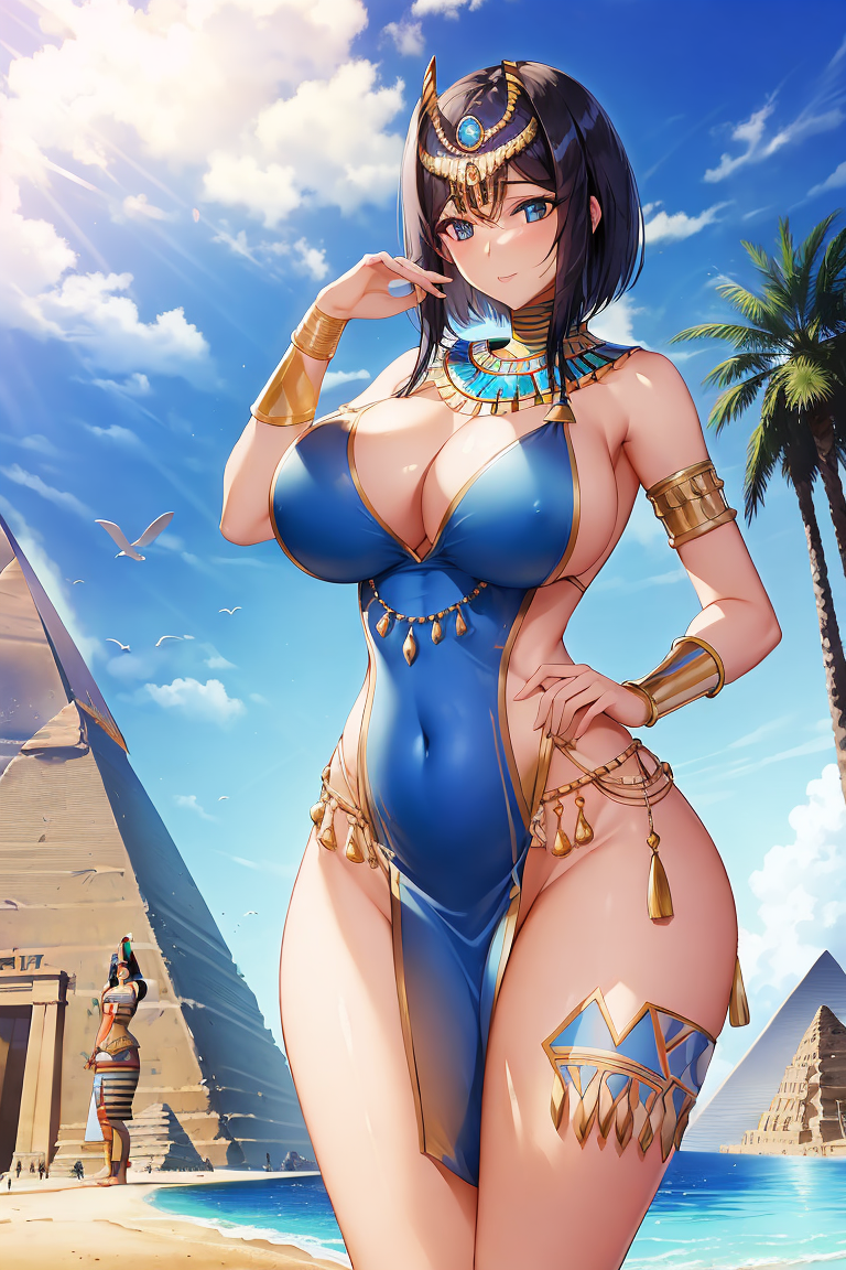 Rule 34 - Big Breasts Blue Eyes Blue Hair Breasts Clothes Desert Egypt  Egyptian Girl Looking At Viewer Pyramids Short Hair Sky Temple Trees  Underwear Wide Hips | 8338563