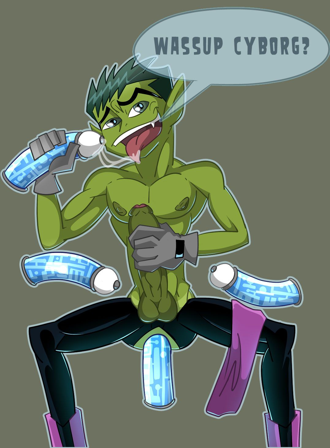 Rule 34 - Beast Boy Beast Boy (teen Titans) Blowjob Blowjob Face Cyborg  (dc) Drool Drooling Drooling Tongue Gay Gay Sex Green Green Body Green Eyes  Green Hair Green Skin Iyumiblue Male