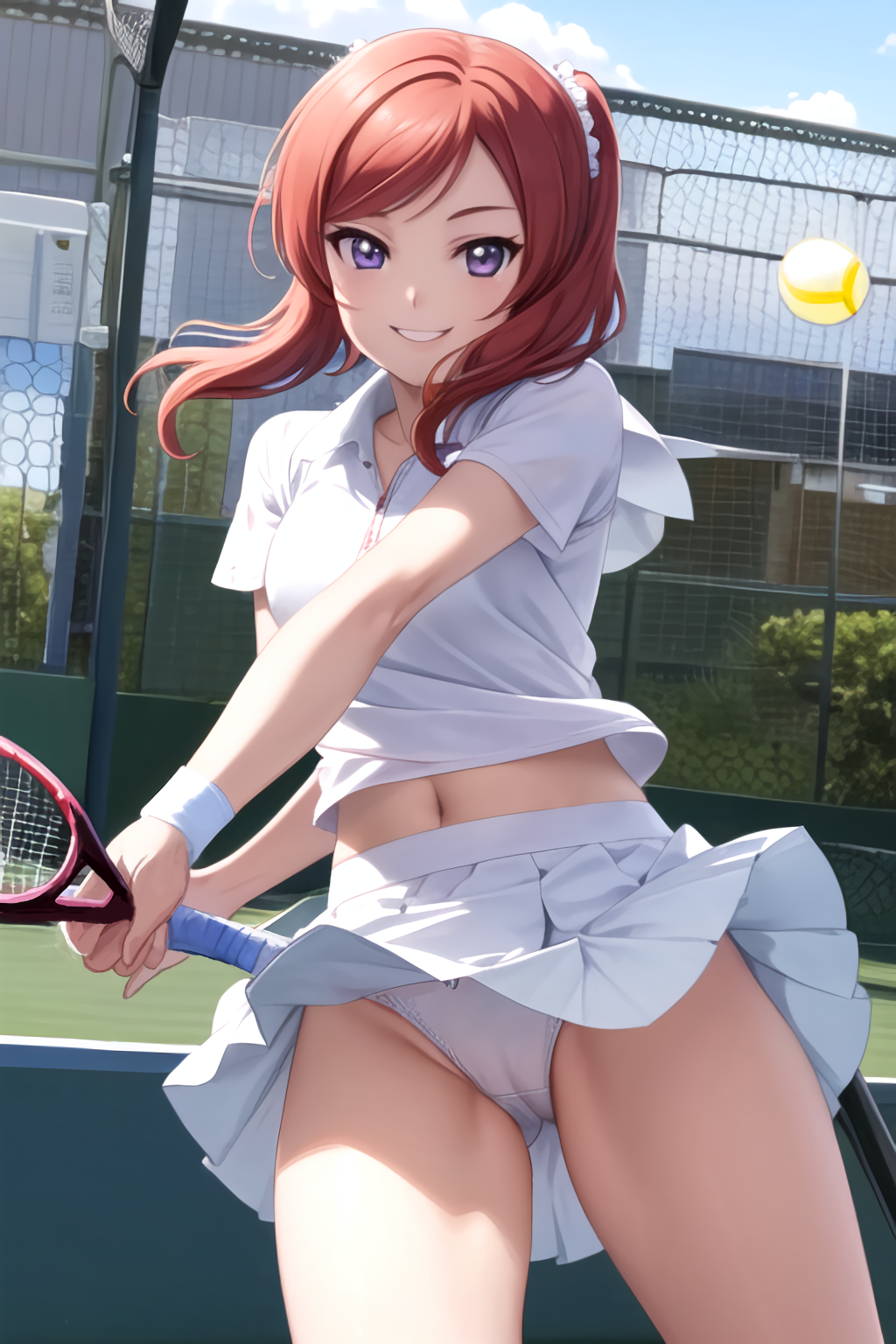 Rule 34 - Ai Generated Blush Eyes Love Live! Love Live! School Idol Project  Nishikino Maki Panties Red Hair Short Hair Skirt Smile Tennis Ball Tennis  Court Tennis Racket Tennis Uniform White