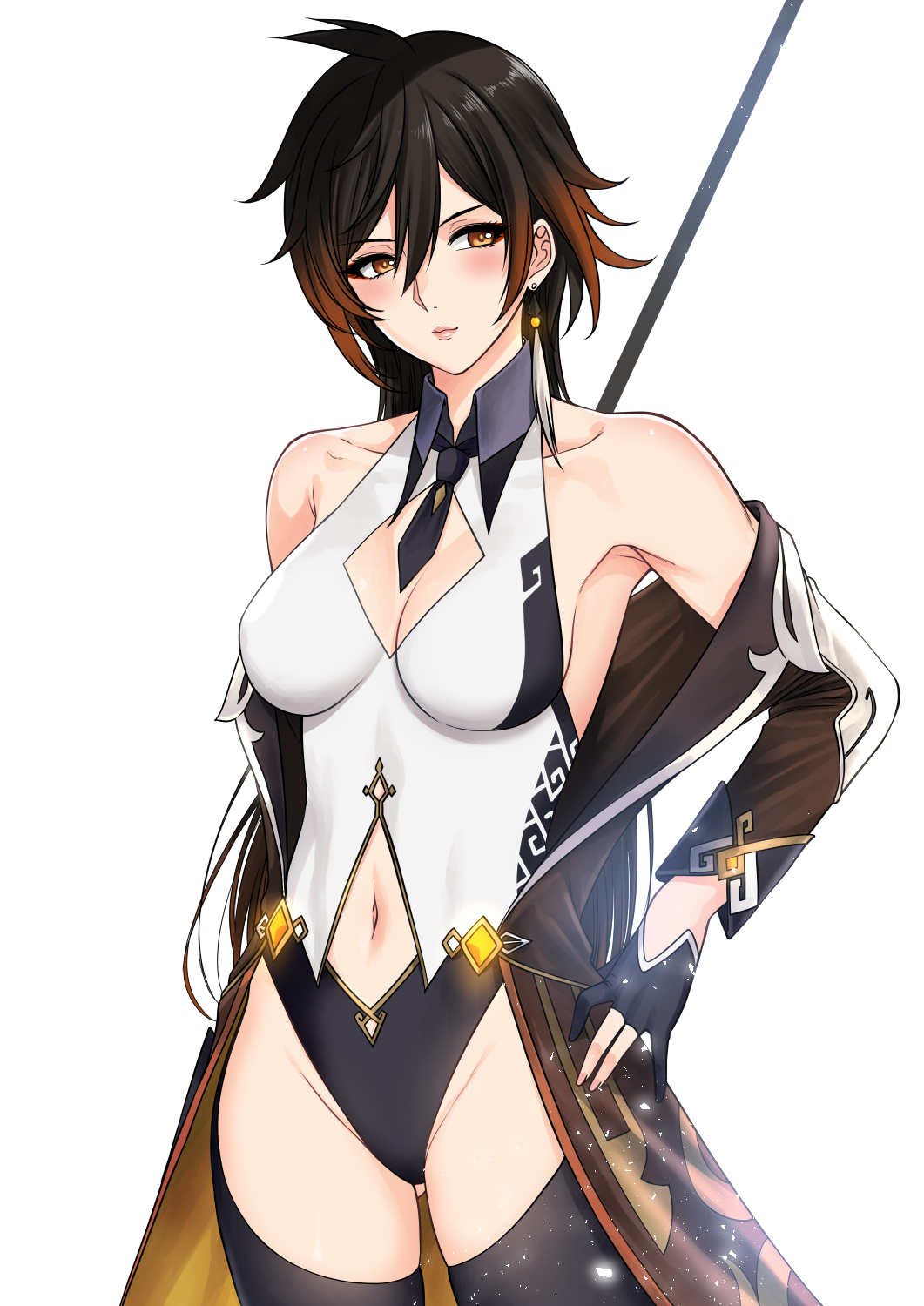 Rule 34 – 1girls antenna hair black gloves black hair bodysuit breasts brown hair cape cleavage cleavage cutout clothing cutout collarbone dress earrings genderswap (mtf) genshin impact gloves gradient hair high collar highres jacket jewelry large breasts leotard multicolored hair navel necktie rule 63 short hair single earring solo sparkle tassel tassel earrings venus symbol white background xtermination yellow eyes zhongli (genshin impact) zhongli jiejie | 9062923