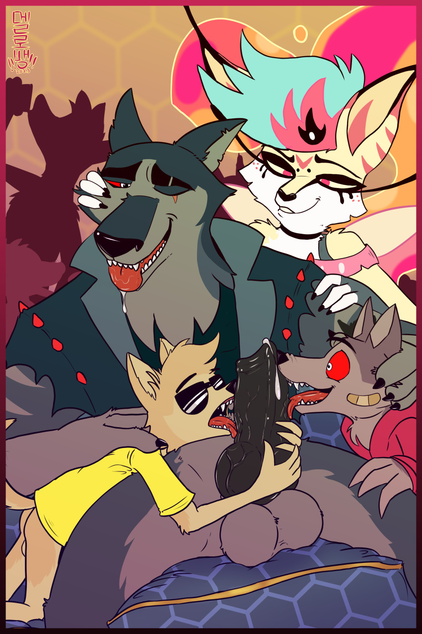 Rule 34 – absurd res animal genitalia animal penis anthro balls band-aid bandage big balls big penis biker jacket black penis bodily fluids bottomless breath brown body brown fur canid canid demon canine canine genitalia canine penis claws clothed clothed sex clothing cuckquean demon exhibitionism eyewear female fur genital fluids genitals grey body grey fur group hair half-closed eyes hellhound helluva boss hi res hoodie licking male male/male mammal muscular muscular male narrowed eyes open mouth oral panting party penile penis penis lick pink hair pink pupils precum pupils queen bee-lzebub (helluva boss) red clothing red hoodie red sclera red topwear ripped sleeves sex shirt siriusandpyri size difference skinny male smile spiked jacket sunglasses teal hair teeth tongue tongue out toony topwear torn clothing torn shirt torn topwear vortex (helluva boss) white eyes wide eyed yellow body yellow clothing yellow fur yellow sclera yellow shirt yellow topwear | 9260221