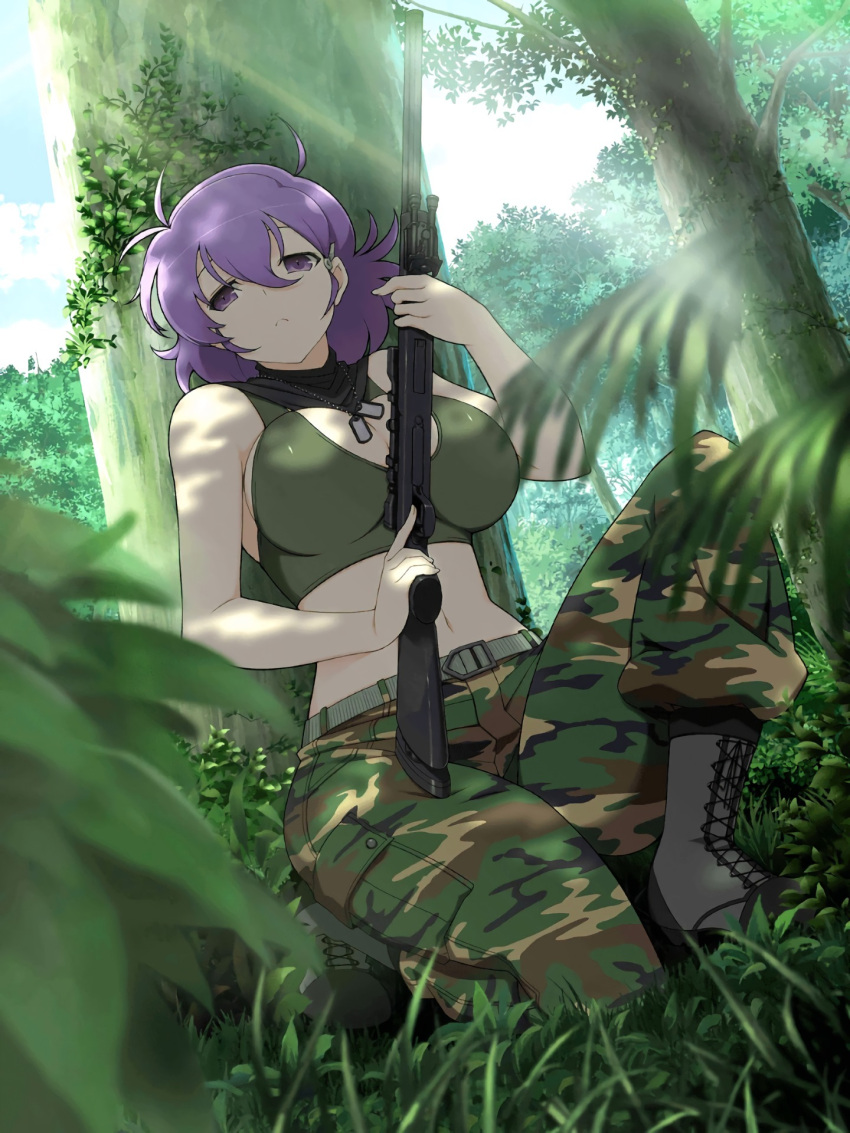 Rule 34 – 10s :< ahoge bare arms behind tree boots breasts camouflage camouflage pants cleavage combat boots crop top cross-laced footwear day dog tags female forest gun hair between eyes hiding highres kuroudo (senran kagura) lace-up boots large breasts midriff nature navel official art on one knee pants rifle senran kagura senran kagura new wave short hair sniper rifle solo textless version trigger discipline weapon yaegashi nan | 9087355