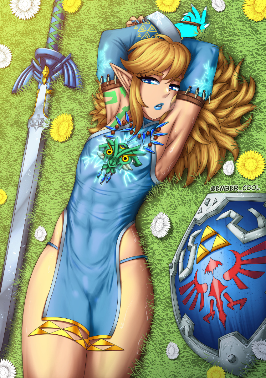 Rule 34 - 1boy Armpits Blonde Hair Blue Eyes Clothing Crossdressing Ember  Cool Femboy Frostbite Link Frostbite Set (zelda) Glossy Lips Link Lipstick  Long Hair Male Only Shield Sword Tattoo Tears Of