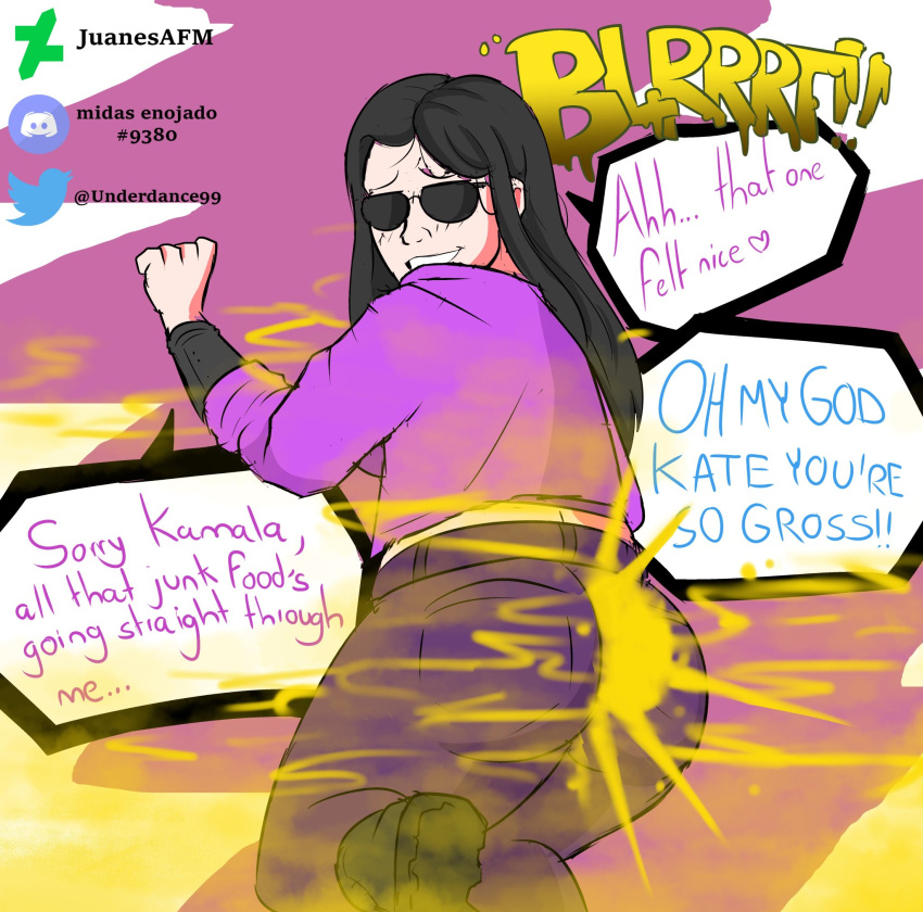 Rule 34 – black hair black shoes fart fart cloud gassy juanesafm (artist) kamala khan kate bishop looking pleasured marvel pink shirt purple pants sunglasses wet fart | 6358907