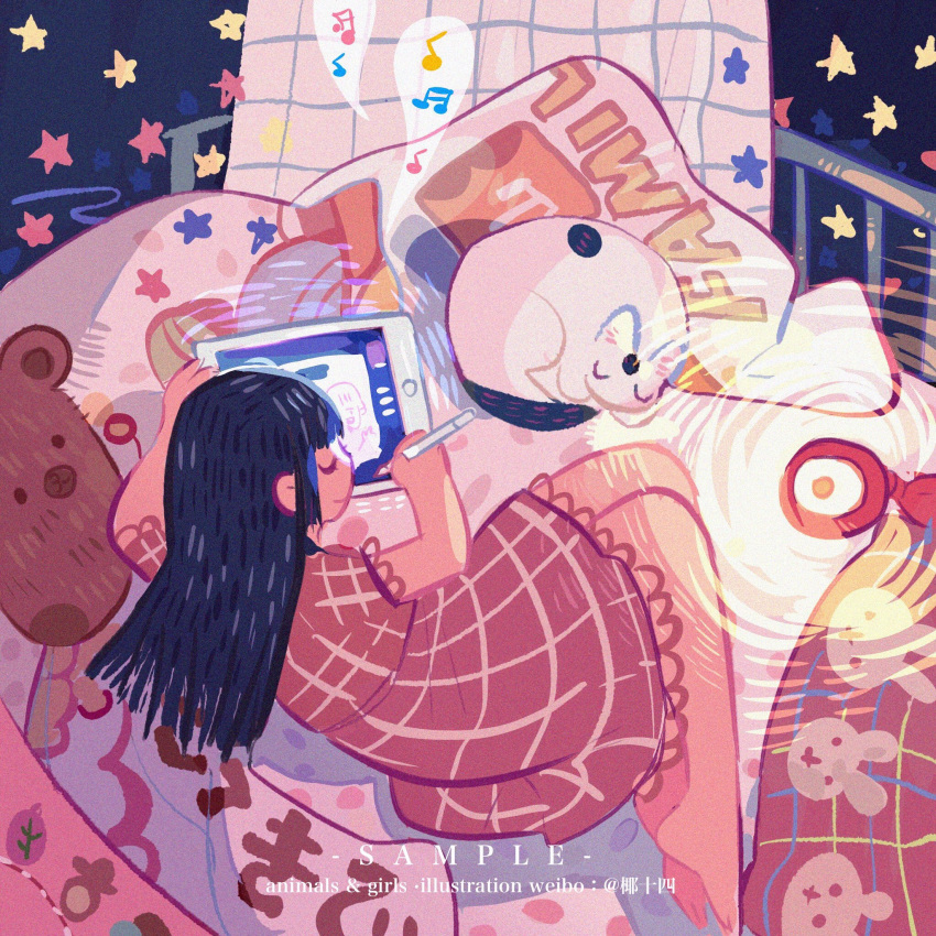 Rule 34 – animal print bare legs barefoot black background black hair blunt bangs closed eyes closed mouth commentary drawing drawing tablet dress english text feline female from behind full body highres holding holding drawing tablet holding stylus lace-trimmed dress lace-trimmed sleeves lace trim lamp long hair musical note on bed original plaid plaid dress plaid sleeves puffy short sleeves puffy sleeves rabbit print railing red dress red sleeves sample watermark short dress short sleeves smile spoken musical note star (symbol) straight hair stuffed animal stuffed toy stylus symbol-only commentary teddy bear watermark weibo username yeshisi | 9122681