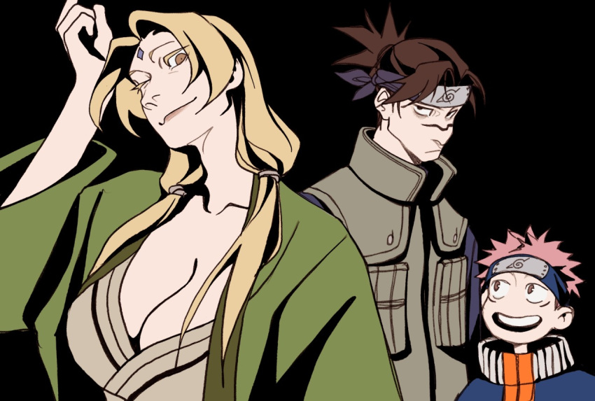Rule 34 – 1girl 2boys black background blonde female blonde hair brown hair choso kamo cleavage cosplay crossover female headband itadori yuuji jujutsu kaisen male naruto naruto (series) ninja headband one eye closed pink hair tsunade (cosplay) uzumaki naruto (cosplay) wink yuki tsukumo | 9128132