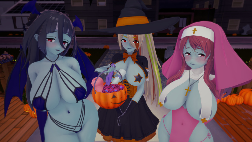 Rule 34 – 3girls bandage on face blue skin blush condom condom wrapper large breasts looking at viewer mijizumi minamoto sakura nikaidou saki nun outfit onahole pasties piercing pumpkin red eyes scar on face sex toy succubus costume succubus horns succubus tail succubus wings vibrator witch costume witch hat yamada tae zombie zombie girl zombieland saga | 9079194