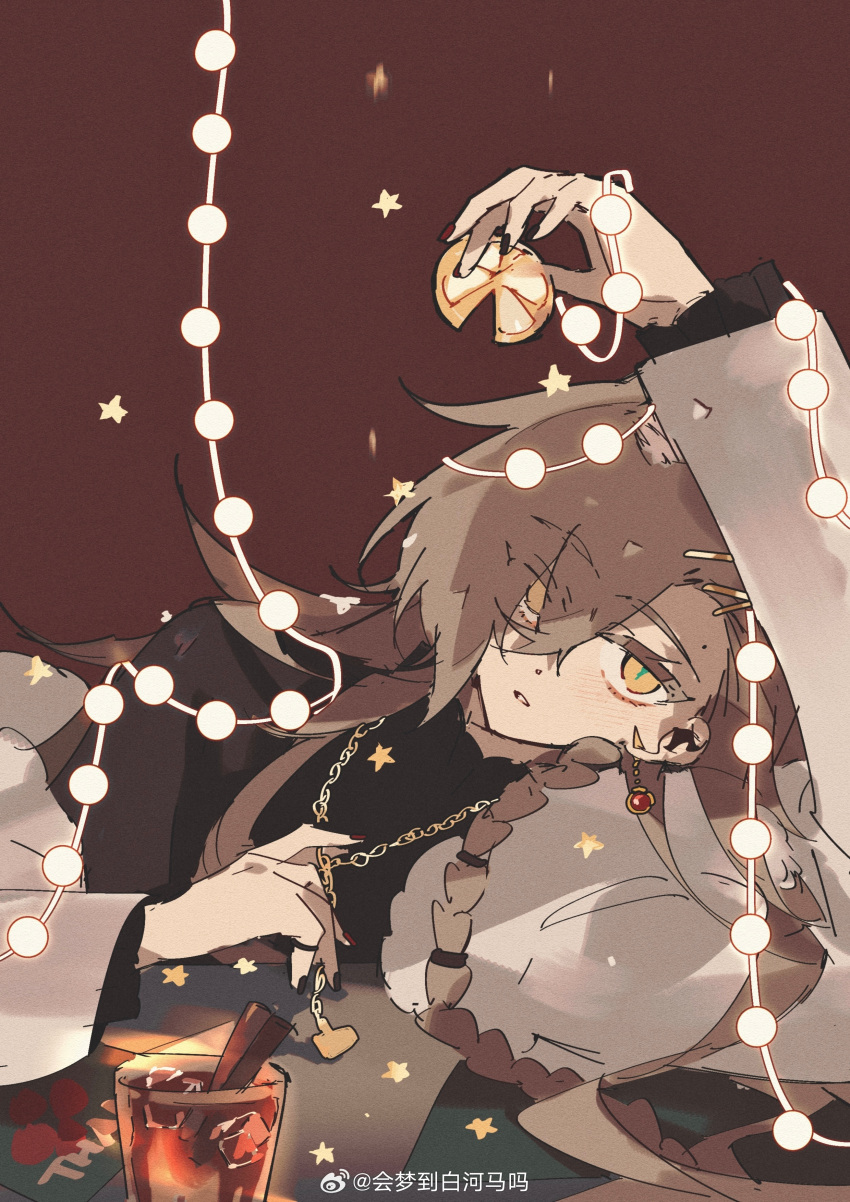 Rule 34 – absurdres alcohol arknights arm up artist name bell black nails black sweater blush braid brown hair card chain necklace chinese commentary chinese text christmas christmas lights cinnamon stick commentary request crossed bangs cup drink drinking glass drunk earrings eyeliner female film grain fingernails floor food fruit gluhwein green pupils hair between eyes hair flowing over hair ornament hair over one eye hair spread out hair tie hairclip hand up high collar highres hl (iamawhitehippo) holding holding food holding fruit holding jewelry holding necklace ice ice cube jacket jewelry jingle bell jingle bell earrings layered sleeves lemon lemon slice light smile long bangs long hair long sleeves low-tied long hair low ponytail low side ponytail lying makeup mole mole above eye mulled wine multicolored nails nail polish necklace on ground on side open clothes open jacket parted bangs parted lips penance (arknights) penance (occasionally flushed) (arknights) ponytail red eyeliner red nails red wine ring shadow side ponytail single braid single earring single off shoulder solo star (symbol) string of light bulbs sweater turtleneck turtleneck sweater upper body very long hair wall wallpaper (object) watermark weibo logo weibo username white jacket wine wolf girl yellow eyes | 9123255