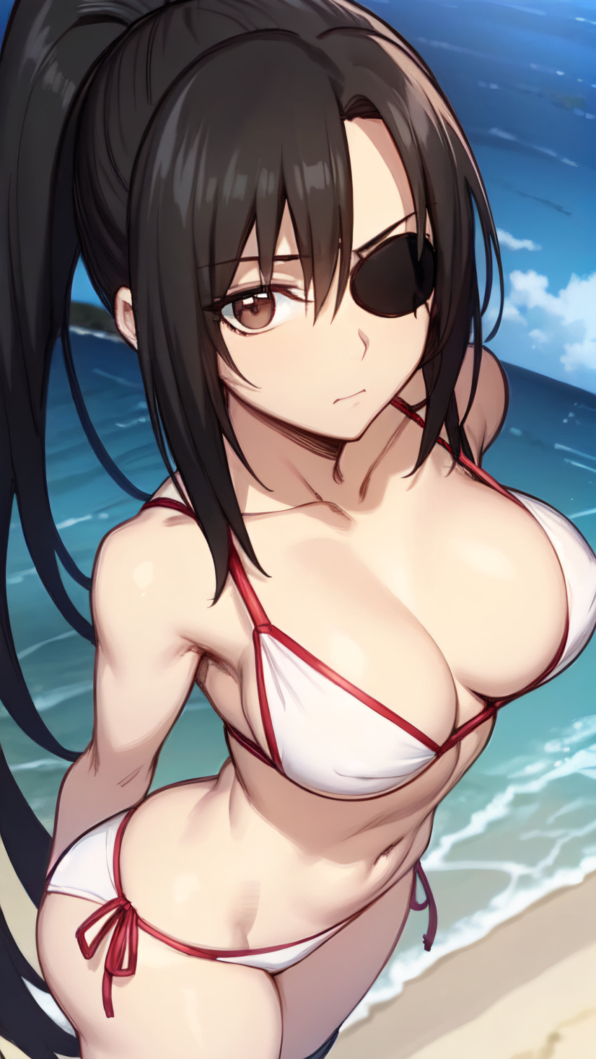 Rule 34 – ai generated alternate costume arms behind back beach bikini black hair brown eyes cleavage eye patch female female only gintama high-angle view long hair long hair male medium breasts outside ponytail side-tie bikini solo swimsuit white bikini yagyuu kyuubei | 9107176