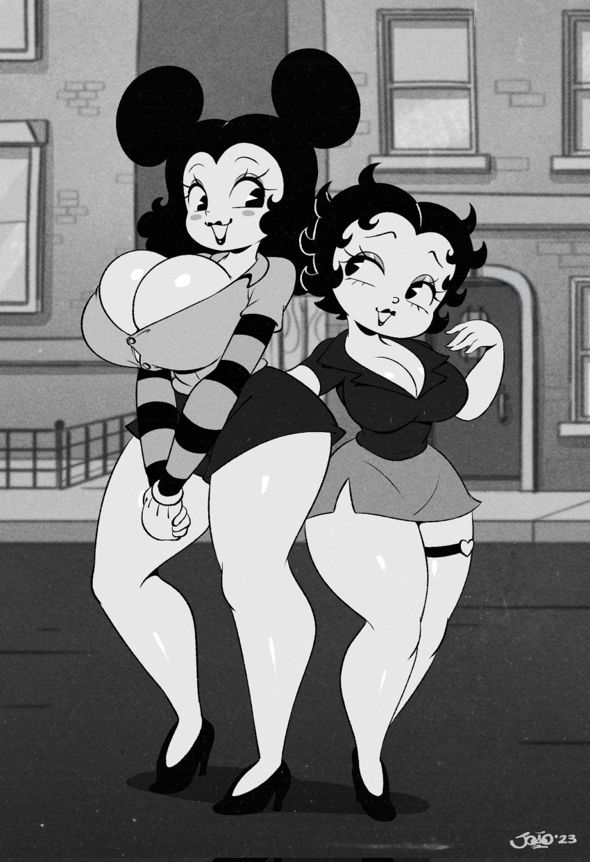 Rule 34 - 2girls Betty Boop Black Lipstick Blush Breasts Button Down Shirt  Cleavage Gloves High Heels Huge Breasts Joaoppereiraus Long Hair Long  Sleeves Looking At Another Monochrome Sally Mcboing Short Hair