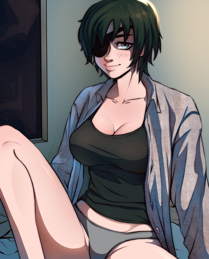 Rule 34 – 1girls 2023 aqua eyes bent leg blush chainsaw man eyepatch female female only green hair himeno (chainsaw man) looking at viewer panties shirt sitting smiling smiling at viewer solo tank top very high resolution zanyert | 8971961