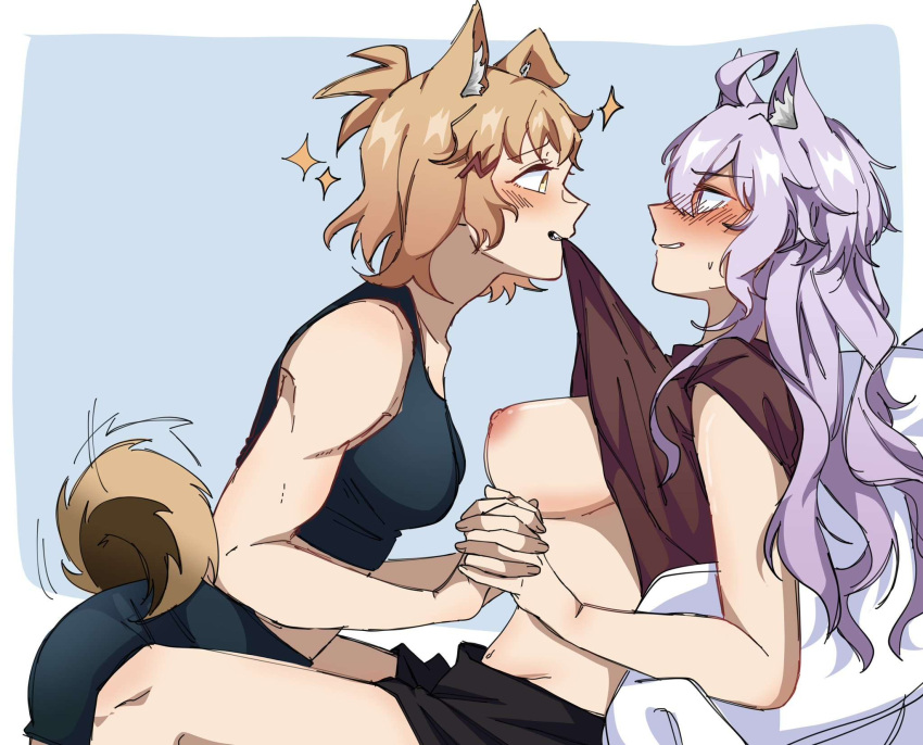 Rule 34 – 2girls akasukiane04 animal ears blonde hair blush breasts cat ears cat tail clothes in mouth clothes lift dog ears dog tail highres holding hands large breasts long hair medium hair mouth hold multiple girls muscular muscular female nipples senki zesshou symphogear shirt in mouth shirt lift tachibana hibiki (symphogear) tail white hair yukine chris yuri | 9243402