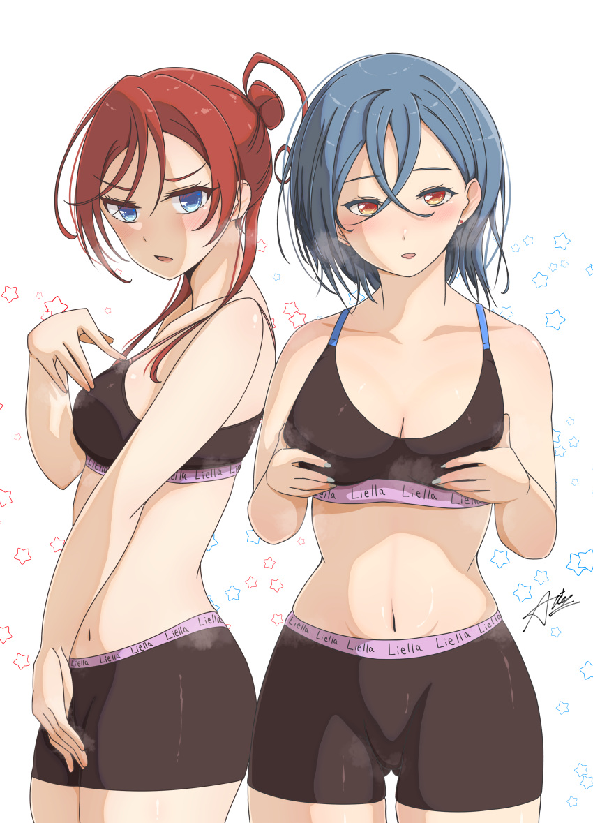 Rule 34 – 2girls blush breasts cleavage hair bun hands on own chest iariaiki (stareikachan) looking at viewer love live! love live! superstar!! midriff navel open mouth shorts sports bra steaming body tight clothing wakana shiki yoneme mei | 9150733