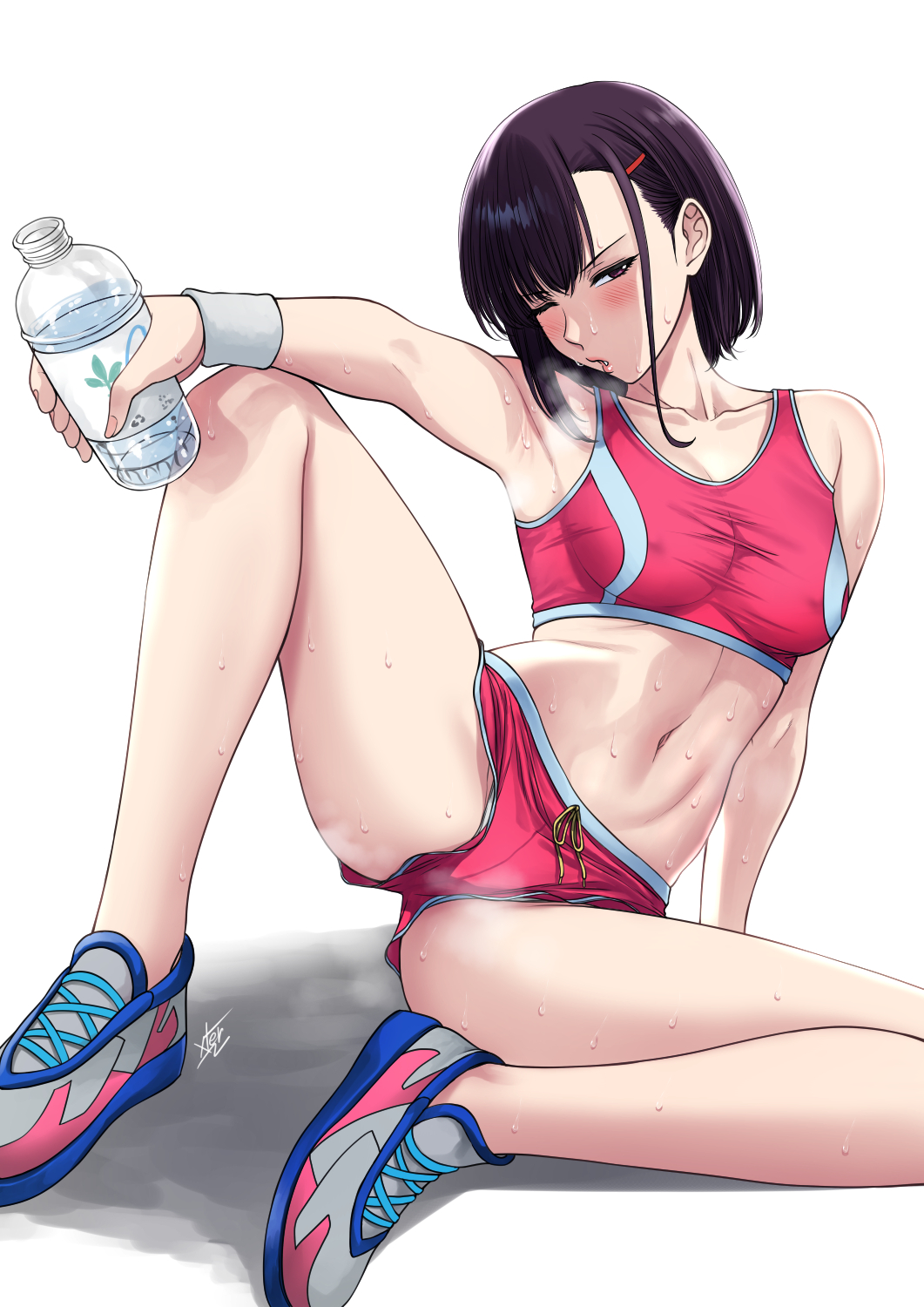 Rule 34 – armpits bare shoulders bottle breasts covered erect nipples hair behind ear hair ornament hairclip highres holding holding bottle large breasts medium breasts mikazuki shizuka navel one eye closed pink shorts pink sports bra purple hair short hair shorts solo sports bra sportswear sweat water bottle white background xtermination zom 100 zombie ni naru made ni shitai 100 no koto | 9287691