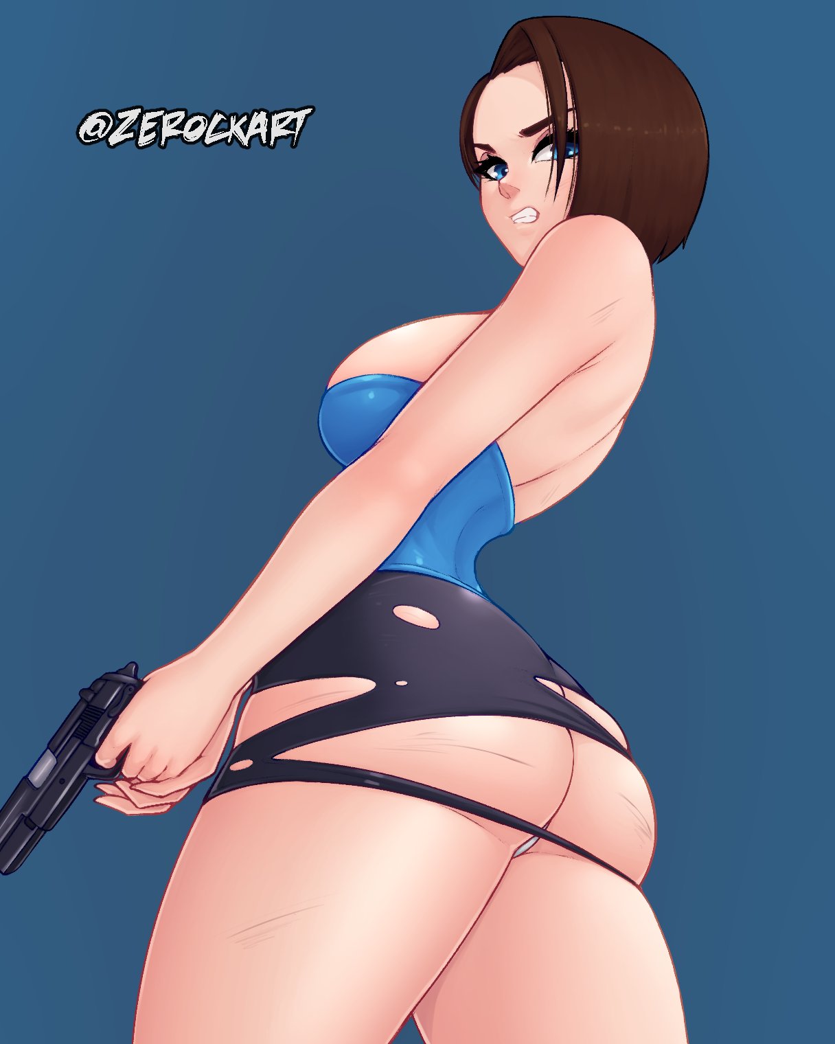 Rule 34 – 1girls ass blue eyes breasts brown hair female female only gun jill valentine large breasts looking at viewer looking back resident evil skirt solo thighs torn clothes torn skirt zerock69 | 9377785