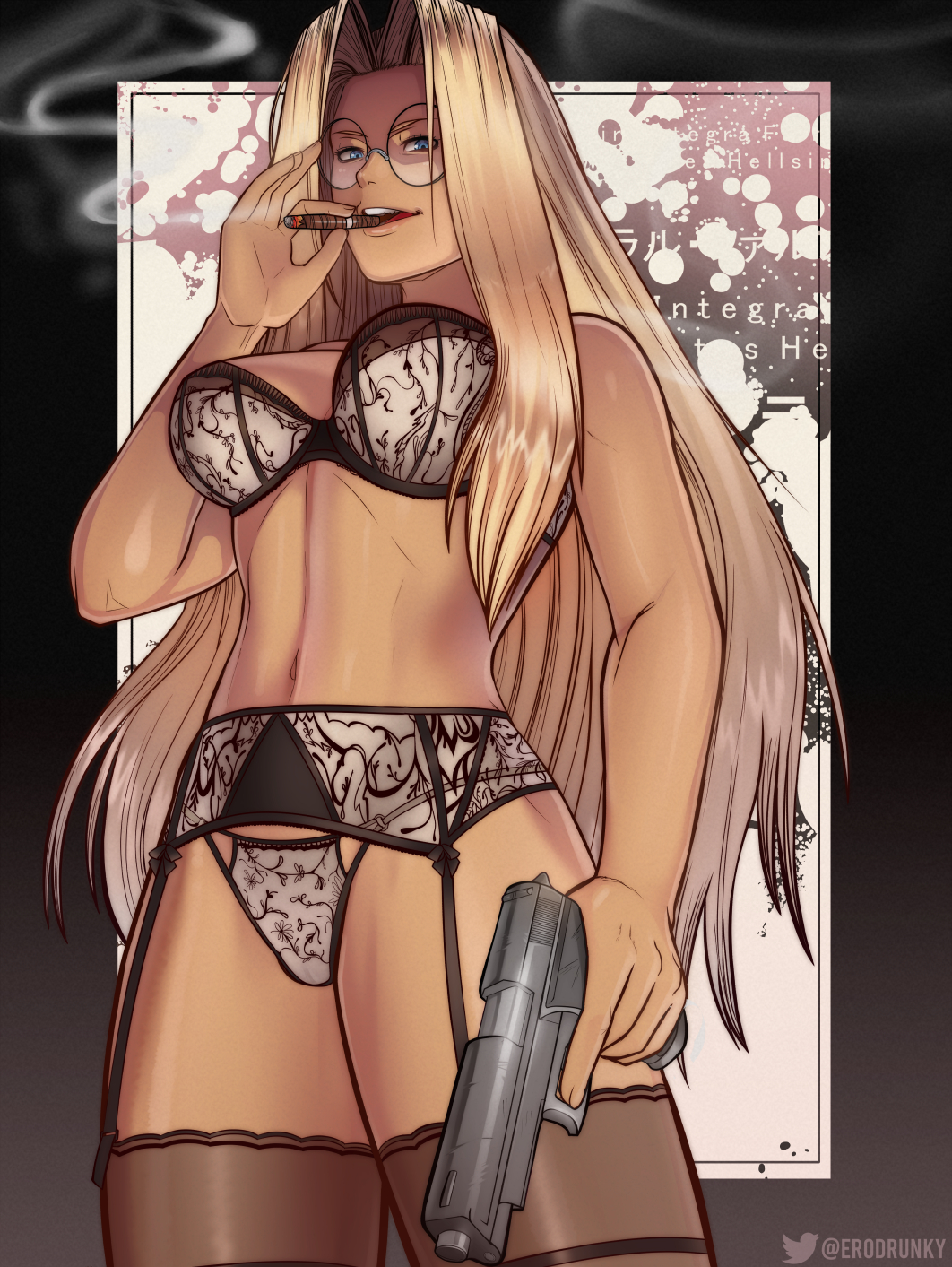 Rule 34 – 2021 artist name blue eyes bra breasts casual cigar dark-skinned female dark skin digital media (artwork) erodrunky eyewear female firearm from below garter belt garter straps gun handgun hellsing hi res holding holding gun holding weapon human integra hellsing lace lingerie looking at viewer medium breasts navel pantie pistol platinum blonde hair rimless eyewear round eyewear smoking solo thighhighs trigger discipline weapon | 9377512