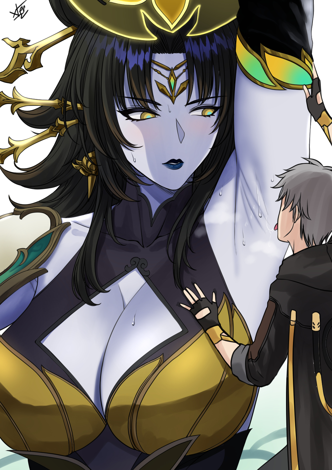 Rule 34 – arm up armpits black hair blue lips blush breasts caelus (honkai: star rail) cleavage cutout clothing cutout colored skin giant giantess grey hair headgear highres honkai: star rail honkai (series) large breasts licking licking armpit long hair parted lips phantylia phantylia (honkai: star rail) purple skin shaded face simple background trailblazer (honkai: star rail) white background xtermination yellow eyes | 9287698