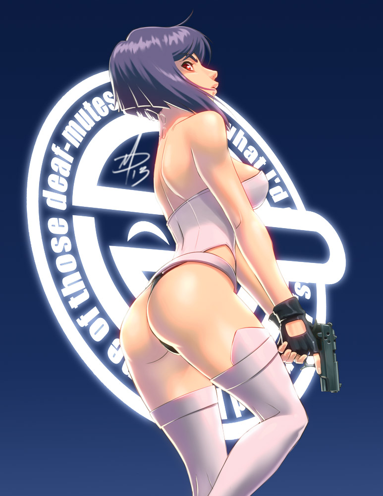Rule 34 – ass bare shoulders belt blue background breasts commentary english commentary female fingerless gloves ghost in the shell gloves gun handgun kusanagi motoko large breasts leotard photoshop (medium) polarityplus purple hair red eyes short hair solo thighhighs thong leotard trigger discipline weapon white thighhighs | 9344051