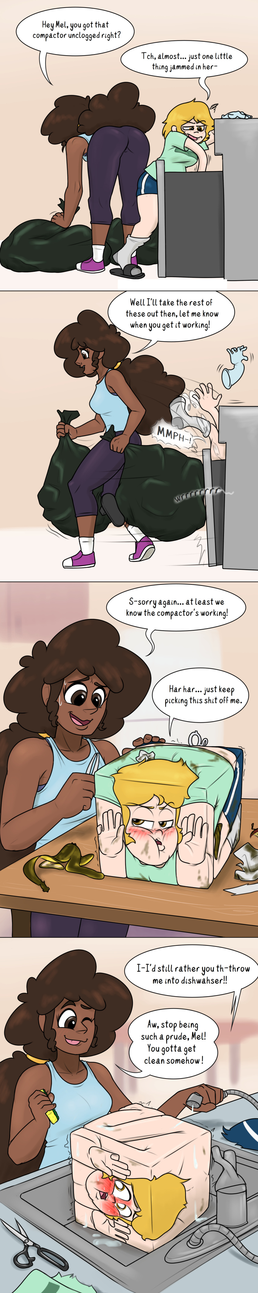 Rule 34 – 2girls blush blushing profusely comic cube transformation cutting clothes dialogue noh-buddy nude sink squished transformation trash trash bag trash compactor washing washing another | 7197929