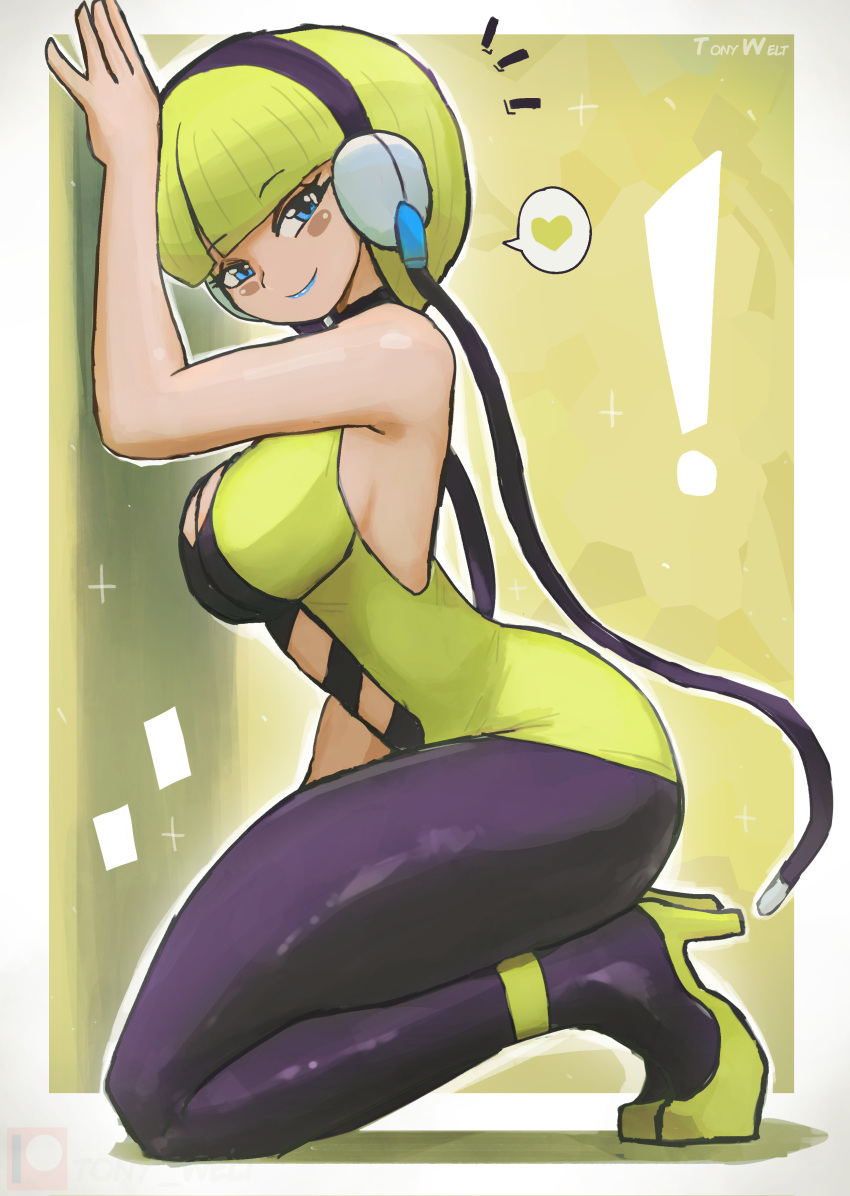 Rule 34 - Absurdres Bare Arms Bare Shoulders Black Choker Black Pantyhose  Blonde Hair Blue Eyes Blue Lips Blunt Bangs Breasts Choker Cleavage Dress  Elesa (pokemon) Female Hand On Wall Headphones Heart