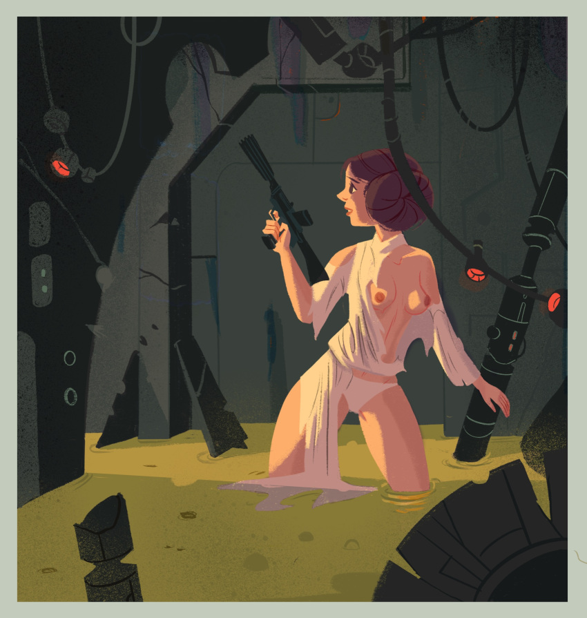 Rule 34 – 1girls a new hope breasts brown eyes brown hair clothed clothing death star dress female female only functionally nude gun holding weapon human human only indoors light-skinned female light skin nipples panties parted lips princess leia organa ranged weapon rumbleafterdark sewer small breasts solo standing star wars teeth tied hair topless torn clothes trash trash compactor underwear water weapon white dress white panties white underwear | 4991192