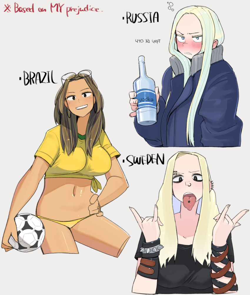 Rule 34 - 3girls Bikini Bikini Bottom Black Shirt Blonde Hair Brazil (ohasi)  Breasts Brown Hair Cleavage Ear Piercing Eyebrow Piercing Eyewear On Head  Female Female Only Jacket Long Hair Multiple Girls