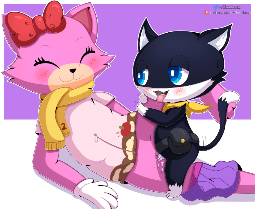 Rule 34 – absurd res accessory anthro atlus bandana black body black fur blue eyes blush bodily fluids bottomwear bottomwear around one leg bow ribbon clothing clothing around one leg cloudeon domestic cat drooling duo felid feline felis female food fruit fur gloves hair accessory hair ribbon hairbow handwear hi res hoodie kerchief male male/female mammal megami tensei megami tensei persona morgana (persona) pancake (toontown) pink body pink clothing pink fur pink hoodie pink topwear plant ribbons saliva scarf sega skirt skirt around one leg strawberry tongue toontown corporate clash toontown online toony topwear tuxedo cat | 9310751