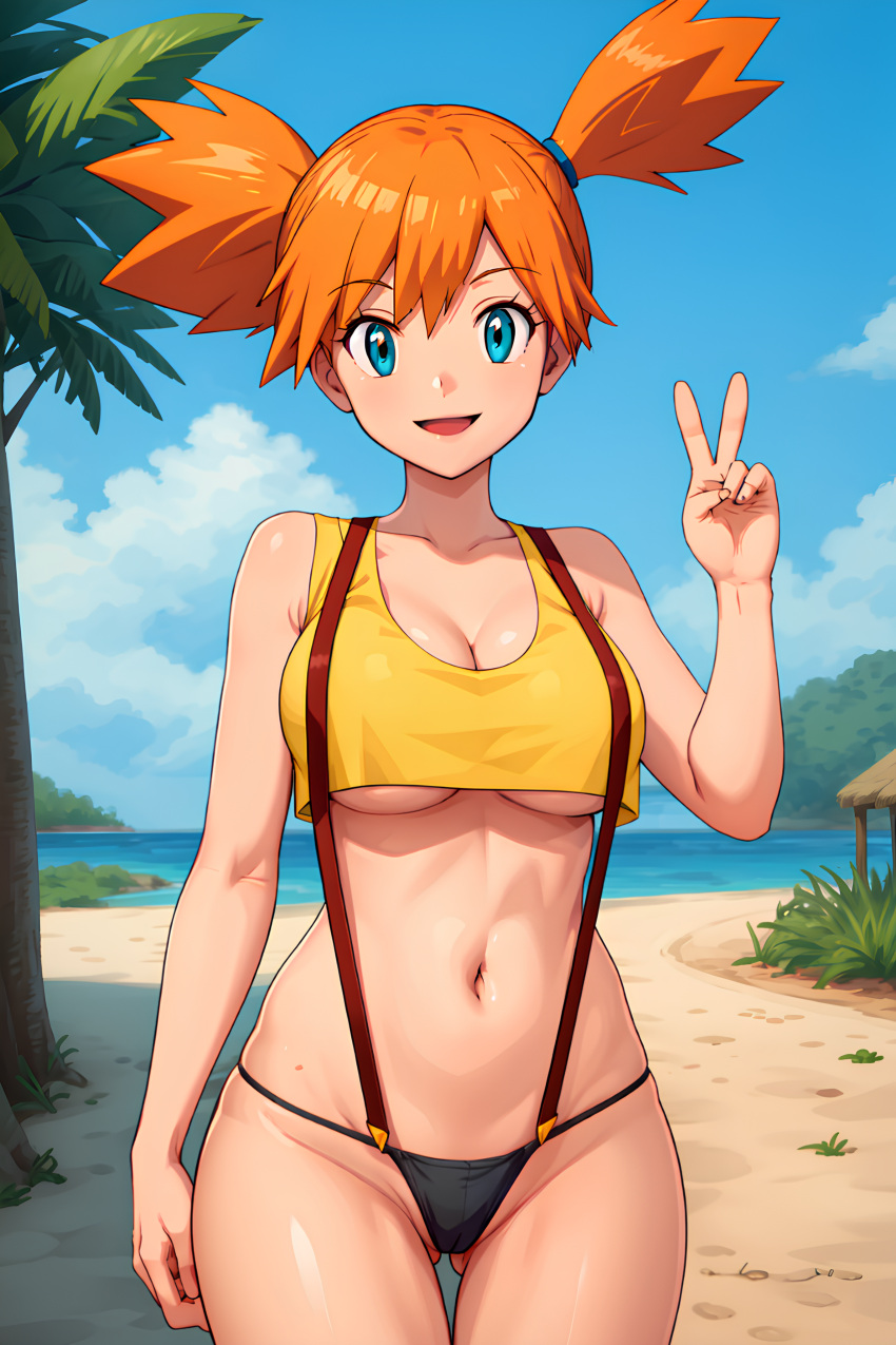 Rule 34 - Ai Generated Aqua Eyes Beach Breasts Cameltoe Creatures (company)  Female Focus Game Freak Gym Leader Kasumi (pokemon) Looking At Viewer Mini  Shirt Misty (pokemon) Navel Nintendo Orange Hair Palm