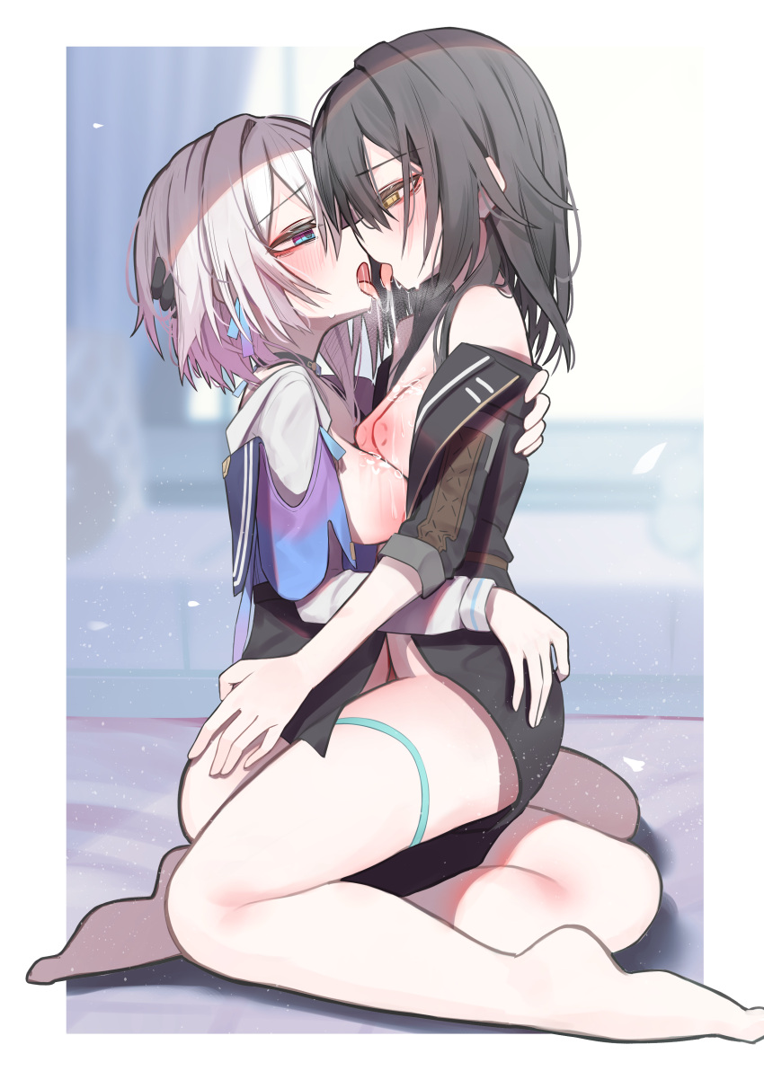 Rule 34 – 2girls absurdres after kiss barefoot black hair blue eyes blurry blurry background blush border bottomless breasts breath dated commentary eye contact face-to-face from side half-closed eyes hand in another’s hair hand on another’s ass hand on another’s back highres honkai: star rail honkai (series) indoors long hair long sleeves looking at another march 7th (honkai: star rail) medium breasts medium hair multiple girls nipples off shoulder open clothes open mouth outside border partially undressed pink hair profile sajin (user pvrm4582) saliva saliva trail sitting sleeves past elbows stelle (honkai: star rail) thigh strap trailblazer (honkai: star rail) white border yellow eyes yuri | 9309434