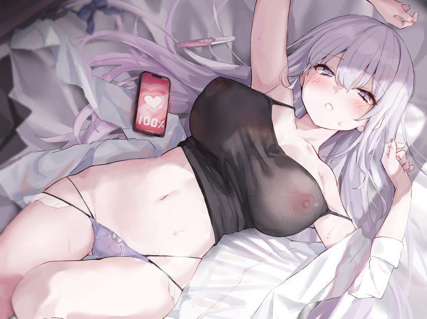 Rule 34 – 1girls areolae belly big breasts black topwear blush breasts embarrassed female female only half-closed eyes hands behind head highres light-skinned female long hair looking at viewer lowleg navel nipples nipples visible through clothing on back on bed original panties parted lips partially clothed pregnancy test purple eyes purple panties see-through smartphone solo stomach sweatdrop topwear toshizou (0714) translucent clothing transparent clothing waist white hair | 9320077