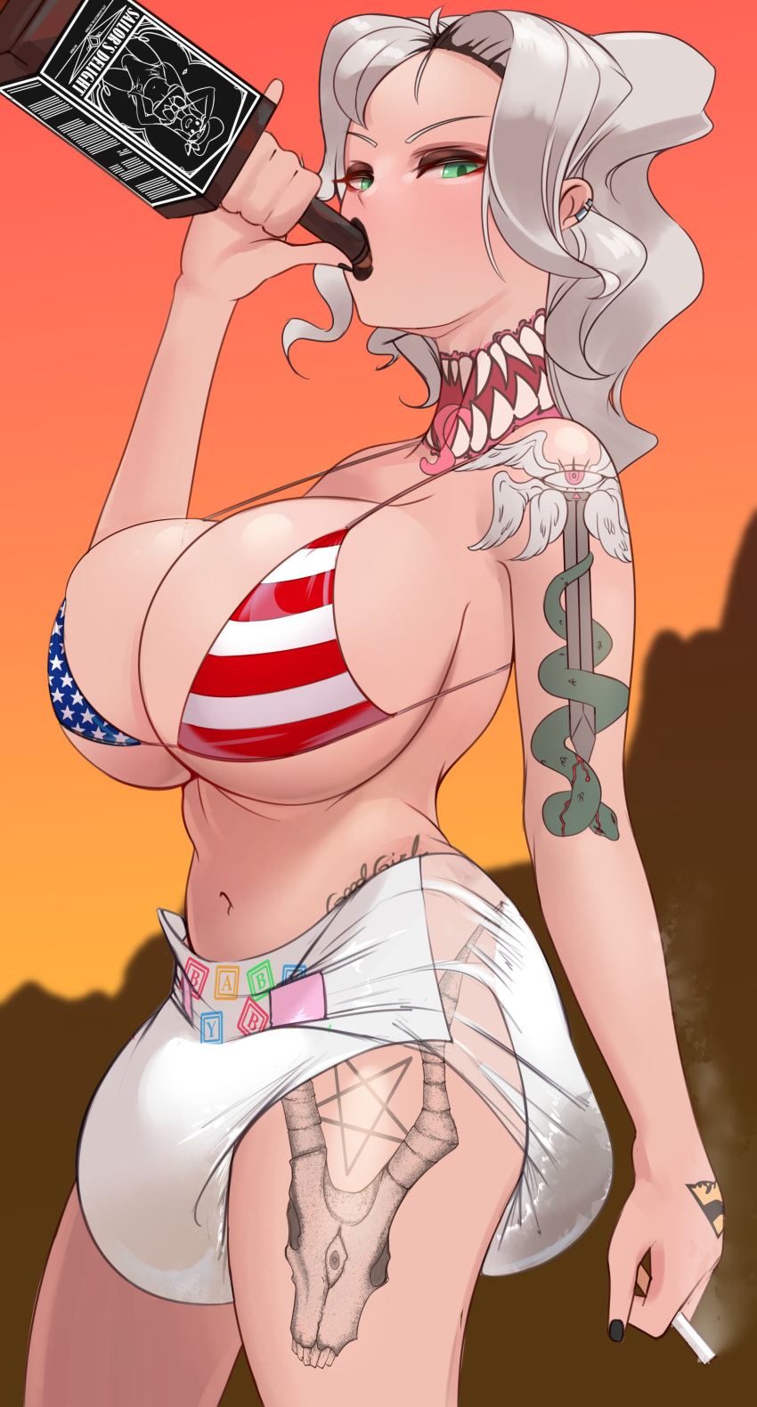 Rule 34 – 1girls american flag bikini bikini top cigarette diaper drinking green eyes liquor liquor bottle looking at viewer messy messy diaper messy hair milkriot original original character peeing selene (milkriot) tattoo tattooed arm tattoos wet wet diaper white hair | 9317894