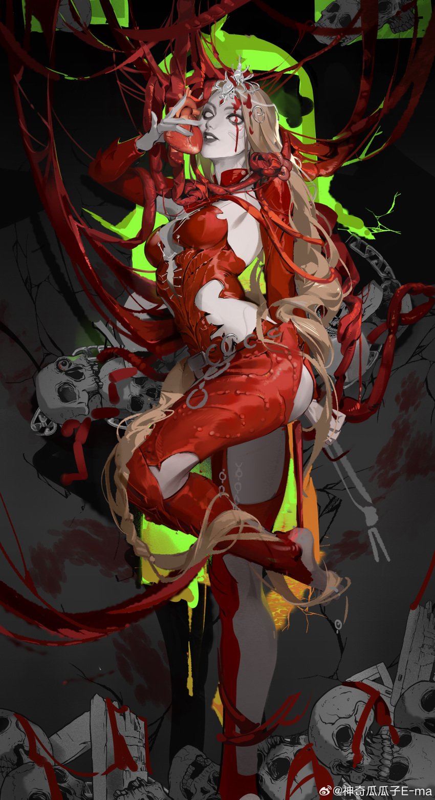 Rule 34 – absurdres baldur’s gate baldur’s gate 3 barefoot black lips blank eyes blonde hair blood blood in hair blood on face bodysuit bone braid chains chinese commentary circlet cleavage cutout clothing cutout colored skin commentary request crack detached sleeves dungeons and dragons e-ma (pixiv6933729) entrails facing viewer female foot out of frame from side grey skin guro hand up headpiece heart heart (organ) highres holding holding heart intestines leg up long hair organs orin the red pile of skulls red bodysuit rubble single braid skull solo standing standing on one leg very long hair weibo logo weibo username | 9286449