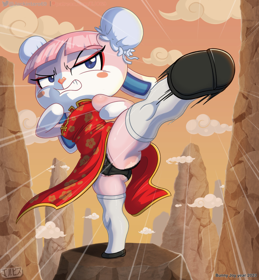 Rule 34 – animal humanoid anthro ass blue eyes breasts bunny bunny girl digital media (artwork) dress fan character furry jackintaro kicking looking at viewer nintendo panties pantyshot pink body pink hair rock rocks shortstack stockings teeth underwear year of the rabbit | 9462065